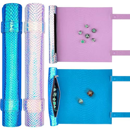 SIQUK 2 Pieces Magnetic Dice Mat Tray Rolling Mat with Zipper PU Leather Folding Scroll Dice Holder for D&D RPG Games (Light Blue, Lake Blue) - color: Light Blue, Lake Blue