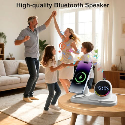 6-in-1 Wireless Charging Station with Bluetooth Speaker,Digital Clock and Ambient Lights,Fast Wireless Charger for Multiple Devices for Apple - iPhone 17 16 15 14 13 12 Pro Max Apple Watch Airpods