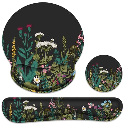 Ergonomic Mouse Pad with Wrist Rest and Keyboard Wrist Rest, Mousepad | Memory Foam Wrist Rest for Computer Keyboard, Pain Relief, Non-Slip Base, Black Mouse Pad Wrist Support for Gaming, Flower - color: Black Weeds