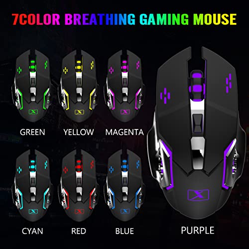 Wireless Gaming Keyboard and Mouse Combo,Rainbow LED Backlit Keyboard with Rechargeable 3800mAh Battery Metal Panel,Removable Wrist Rest Mechanical Feel and 7 Color Mute Gaming Mice for PC PS4 PS5 - color: Black LED Mix