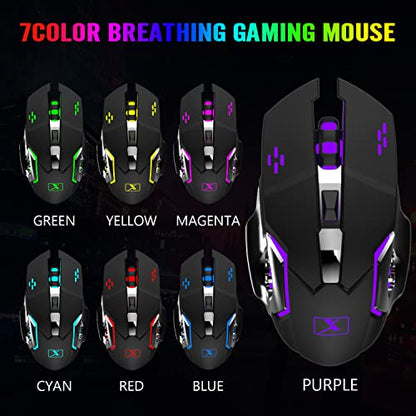 Wireless Gaming Keyboard and Mouse Combo,Rainbow LED Backlit Keyboard with Rechargeable 3800mAh Battery Metal Panel,Removable Wrist Rest Mechanical Feel and 7 Color Mute Gaming Mice for PC PS4 PS5 - color: Black LED Mix