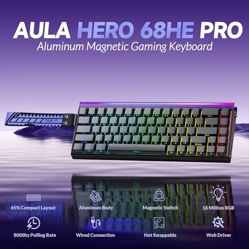 AULA Hero 68 HE Pro - Wired Gaming Keyboard with Hall Effect Magnetic Switch, CNC Aluminum Frame, 8KHz Polling Rate, RGB Box & Backlight, Side Printed Keycaps, 65% 68-key Compact Small Gamer Keyboards - color: Black-Pro Version