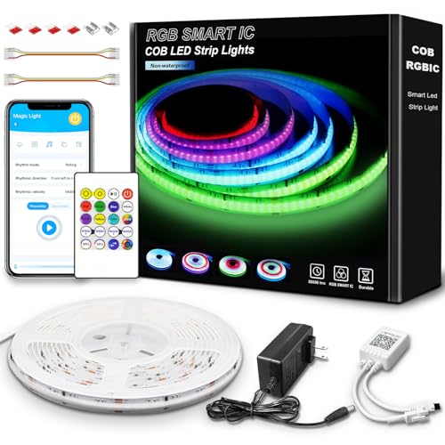 GUPUP 16.4ft COB RGB Smart IC LED Strip Lights 24V 2880 LEDs | 24V 2880 LEDs Multicolor Flexible Tape Lighting Kit with APP Control &Music Mode, for TV,Bedroom, Party Decoration - size: 16.4 ft Bluetooth COB