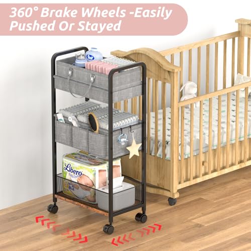 LIDTOP 2In1 Baby Diaper Caddy & 3-Tier Rolling Diaper Cart, Diaper Caddy Organizer Cart with Dividers, Mobile Metal Utility Cart for Nursery Essentials, Detachable Bedside Cart, Large Capacity - color: Black