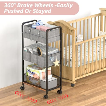LIDTOP 2In1 Baby Diaper Caddy & 3-Tier Rolling Diaper Cart, Diaper Caddy Organizer Cart with Dividers, Mobile Metal Utility Cart for Nursery Essentials, Detachable Bedside Cart, Large Capacity - color: Black