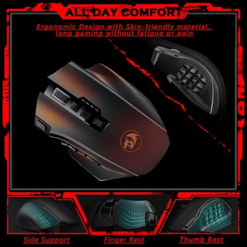 Redragon Wireless Gaming Mouse, MMO Gaming Mouse UP 16,000 DPI, 16 Macro Programmable Buttons, RGB Rechargeable with 12 Side Buttons, 70Hrs for PC Laptop MOBA FPS, M901P-KS - color: black