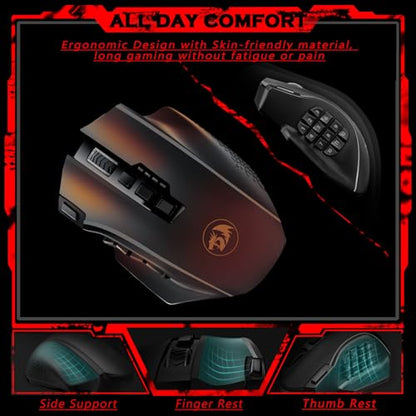 Redragon Wireless Gaming Mouse, MMO Gaming Mouse UP 16,000 DPI, 16 Macro Programmable Buttons, RGB Rechargeable with 12 Side Buttons, 70Hrs for PC Laptop MOBA FPS, M901P-KS - color: black
