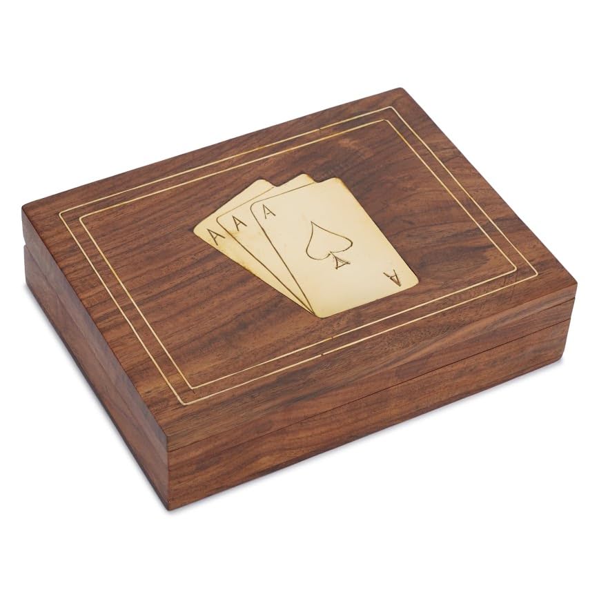 Ajuny Wooden Playing Card Box Brass Inlay Double Deck Set - 6x4.5x1.6 Inch | Poker and Bridge Accessory for Game Nights Travel and Entertaining Thoughtful Anniversary Wedding or Housewarming Present
