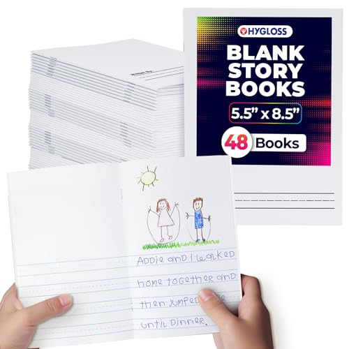 Hygloss Half Blank Books for Kids to Write Stories & Illustrate – Bulk 48 Pack – 5.5" x 8.5" A5 – Primary Journal for Grades K-2, Preschool/Kindergarten Notebook with Picture Space – 24 Pages, White - color: White, style: 48 Books