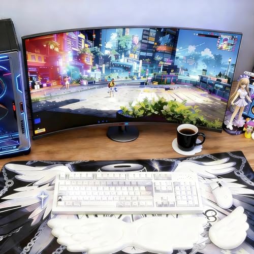 Angel Wing Wrist Rest Ergonomic Memory Foam Wrist Rest for Computer Keyboard Mouse Set with Cup Mat, Cute Gaming Keyboard Cushion Hand Support PU Leather Surface Anti-Slip Waterproof（White） - color: White