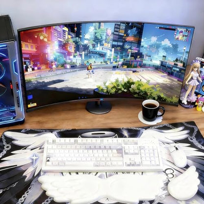 Angel Wing Wrist Rest Ergonomic Memory Foam Wrist Rest for Computer Keyboard Mouse Set with Cup Mat, Cute Gaming Keyboard Cushion Hand Support PU Leather Surface Anti-Slip Waterproof（White） - color: White
