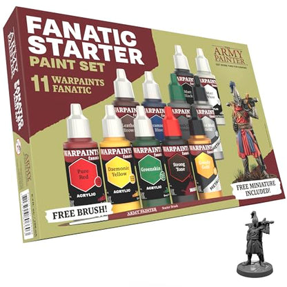 The Army Painter, Warpaints Fanatic Starter Set, 11 x 18 ml | Incl. Metallics, Wash, Brush-On Primer, 1 Figures 28mm & 1 Brush - Acrylic Paint Set, For Dnd & Warhammer 40K Miniatures