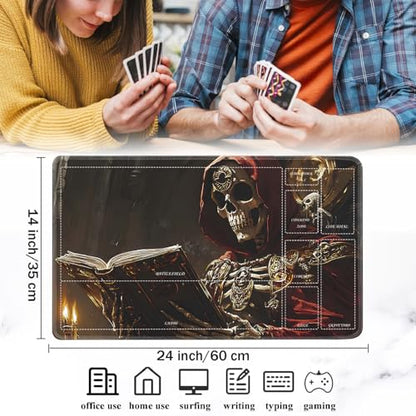 for MTG/TCG Playmat with Zones, 24 x 14 inches Trading Card Playmat with A Storage Bag and 6 Dice, Non-Lip Rubber Bottom Game Desk Mat, Red Robe Skeleton Ancient Book - color: Yux-playmats-2-3A-241