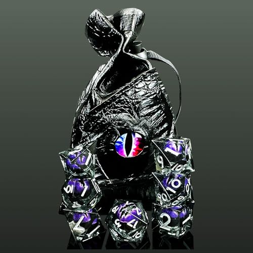 HAOMEJA Resin Dragon Eye DND Dice Set D&D 7 Pcs Resin Sharp Edge Role Playing Dice with Dragon Eye Dice Bag,Polyhedral Dungeons and Dragons Dice D20 D12 D10 D100 D8 D6 D4 (Black & Eye Purple) - color: 7 Eye Purple & Black