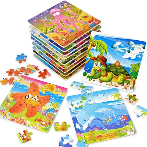 Vileafy Under the Sea Party Favors for Kids – 12 Pack Ocean Animal Wooden Puzzles with Gift Bags – 20-Piece Mini Jigsaw Toys for Boys & Girls Ages 4-8 – Birthday Return Gifts, Classroom Prizes | Under the Sea Puzzles with Organza Bags, 20 Pieces for Birth