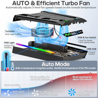 Tokluck PA5/Slim/Pro Cooling Station with Auto Turbofan & 3-Level Speed, PA 5 Vertical Stand Cooling Fan Station with Controller Charger, Accessories Base Cooler Docking Station, Black - color: Black