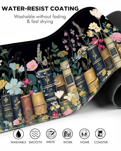 Mouse Pad, Desk Mat, 31.5x11.8in Large Mousepad, Books & Flowers | Desk Pad with Stitched Edge & Rubber Non-Slip Bottom, Gaming Mouse Pad, Extended Mousepad for Home, Office - color: Books & Flowers