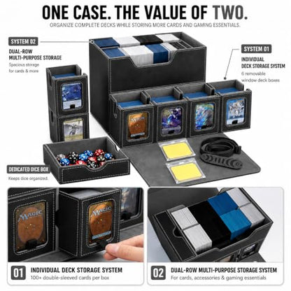 MTG Deck Box for Commander & TCG, Trading Card Storage Box with Handle | 7-in-1 Cards Deck Case with dual-sided windows, 2-layer design, 6 deck case, 1 dice tray, 6 magnetic holders & accessories - color: Super Large - Black