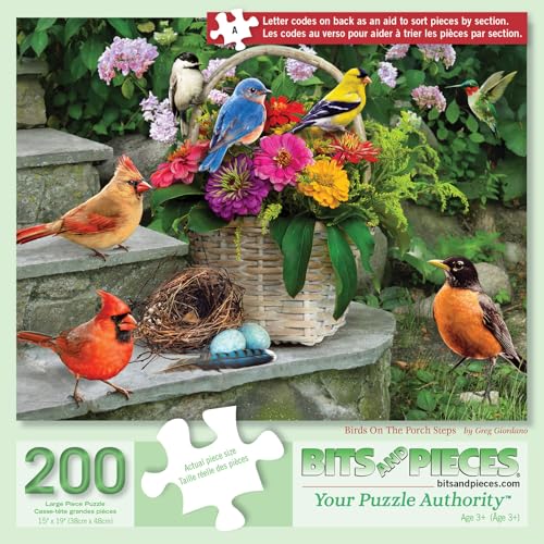Bits and Pieces 200 Piece Puzzles for Adults - Birds on the Porch Steps - 200 Extra Large Pieces 15" x 19" Jigsaw Puzzles, Flowers, Summer, No 2 Pieces Alike - size: 200 Piece Puzzle