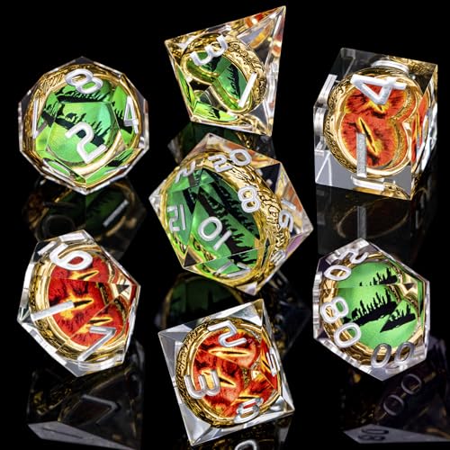 Magic Golden Ring DND Dice Set Sharp Edge Red Gaze Eye Resin Dice with Box, for use with RPG D&D Tabletop Games Lord D and D Polyhedral Dice Set - color: Ring -Eye-silver Numbers