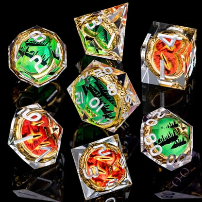 Magic Golden Ring DND Dice Set Sharp Edge Red Gaze Eye Resin Dice with Box, for use with RPG D&D Tabletop Games Lord D and D Polyhedral Dice Set - color: Ring -Eye-silver Numbers
