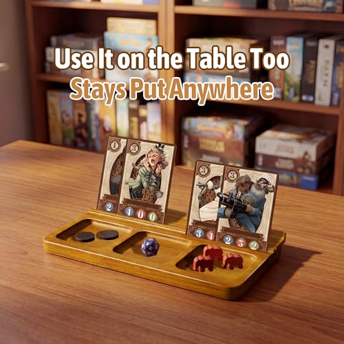 2-Pack Solid Wood Dice Tray with Card Holder Stand,Multi-Compartment Card Organizer & Playing Card Tray for Board Games, Tarot Cards, Coins, Tabletop Gaming Accessories (Oak)