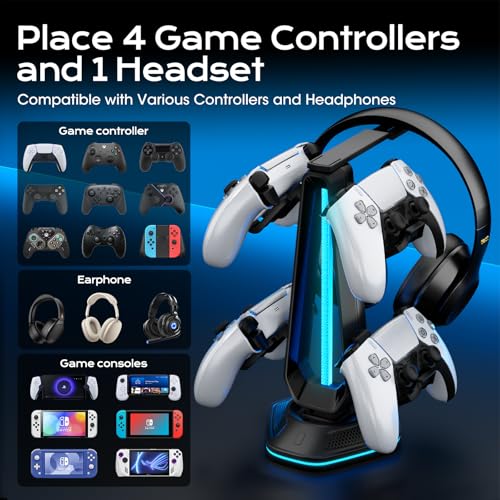 Saitake RGB Controller Holder with 9 Light Modes,Controller Stand with 2 USB Ports,Headset Stand for Desk-Headphone Holder Suitable for Xbox PS4 5 Switch Controllers Gaming Room Deco - color: Black