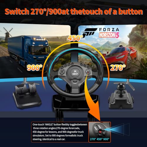 NBCP PC Racing Wheel, 900 Degree Gaming Steering Wheel with Pedals, 11" Large Wheel for Truck Simulator & Racing Games, Height Adjustable Sim Wheel Compatible with PC, PS3 - Black