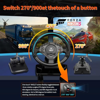 NBCP PC Racing Wheel, 900 Degree Gaming Steering Wheel with Pedals, 11" Large Wheel for Truck Simulator & Racing Games, Height Adjustable Sim Wheel Compatible with PC, PS3 - Black
