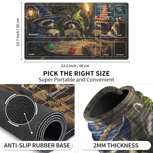 Fantasy Raccoon TTRPG Night MTG Playmat, Medieval Tavern TCG Mat with Game Zones, EDGFRTOIO Tabletop Magic Play Mats 24"x14" Non-Slip Rubber Base for Trading Card Games Battles - color: Fantasy Raccoon Ttrpg Night, size: 24"X14" With Zones