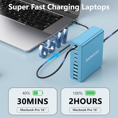 320W USB C Charger Block, 10-Port USB C Charging Station GaN III PD 65W PC Laptop Fast Charger Adapter for MacBook Pro/Air, DELL, iPad, iPhone, Samsung Galaxy (Light Blue) - color: Light Blue