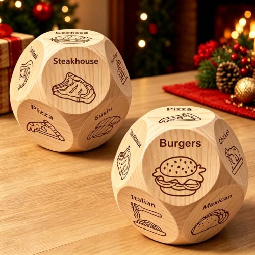 Stocking Stuffers for Men Women, Christmas White Elephant Gifts for Adults, Winzwon 2Pack Date Night Food Decision Dice, Anniversary Birthday Couples Valentines Day Gifts for Him Her - style: 2PCS Wood Food Dice