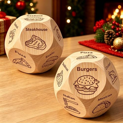 Stocking Stuffers for Men Women, Christmas White Elephant Gifts for Adults, Winzwon 2Pack Date Night Food Decision Dice, Anniversary Birthday Couples Valentines Day Gifts for Him Her - style: 2PCS Wood Food Dice