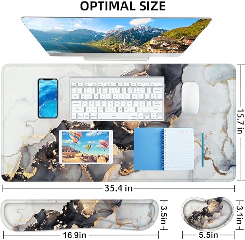 Lateefah Large Mouse Pad and Keyboard Wrist Rest, Desk Pad for Keyboard and Mouse, Extended Gaming Mouse Pad with Wrist Support, Waterproof Non-Slip Desk Mouse Mat for Office, Home - color: 4Pcs-Black & Grey Marble