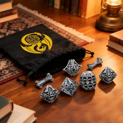 DND Dice Set, Features Skeleton Theme Dice Set, Resin Material, DND Starter Set, 7pcs Polyhedral Dice Set with Dice Bag, Role Playing Board Games Accessories, Grey