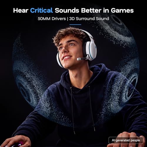 AOC 2.4GHz Wireless Gaming Headset for PS5, PS4 Fortnite & Call of Duty/FPS Gamers, PC, Switch, Bluetooth 6.0 Gaming Headphones with Noise Canceling Mic, 7.1 Virtual Surround, 45Hr Battery -White - color: White