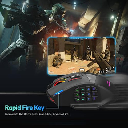 RED SAMURAI Wired MMO Gaming Mouse, 18 Programmable Buttons, 16400 DPI | 18 programmable macro buttons, 16400 DPI optical sensor, adjustable weights, ergonomic stable grip, RGB, MMO MOBA FPS.