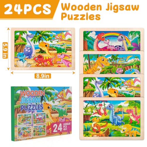 4 Pack Wooden Dinosaur Jigsaw Puzzles for Kids Ages 2-4 Toddler Puzzles | Sensory Toys, Preschool Educational Toys, Toddler Puzzles Gift for 3 4 5 Year Old Boys Girls - color: Dinosaur