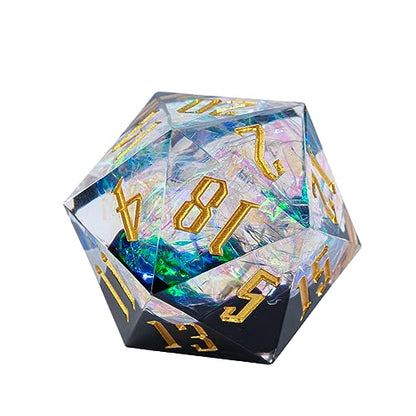 Cusdie Single D20 DND Dice with Sharp Edges and Glitter Foil Inclusions, 20 Sided D&D Dice, 33mm Handcrafted, for Role Playing Game (Black/T) - color: Black Transparent