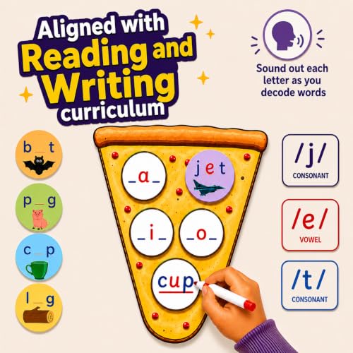 CVC Words on Pepperoni - Learn to Read & Write, Magnetic Phonics Games | Preschool Kindergarten Learning, Write-Wipe Activity, Classroom & Homeschool Supplies, Speech Therapy Ages 3+ - size: CVC Word Game