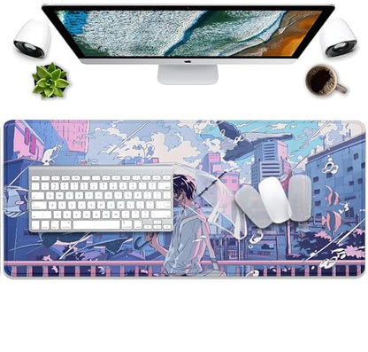Japanese Fantasy City Boy Mouse Pad Desk Pad,Cute Kawaii Anime Mousepad,Large Extended Gaming Mouse Mat with Stitched Edges Non-Slip Waterproof Rubber Base Mous Mat for Desk Pad(27.5X11.8 in) - color: Japanese Animation