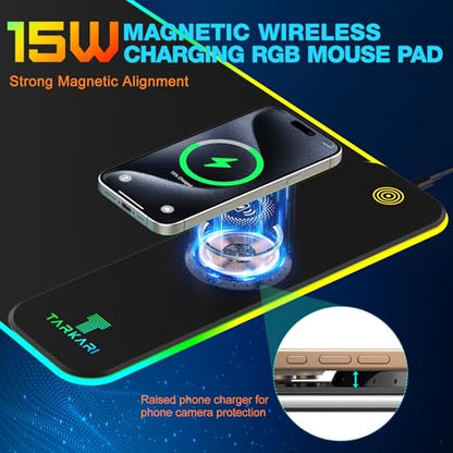 TARKARI Magnetic Wireless Charging RGB Mouse Pad, Large Gaming Desk Mat, 31.5"x11.8" Waterproof Mousepad, Ultra-Smooth Surface, Non-Slip Rubber Base, Desk Pad for Keyboard Laptop - color: Right-Side Wireless Charging Black