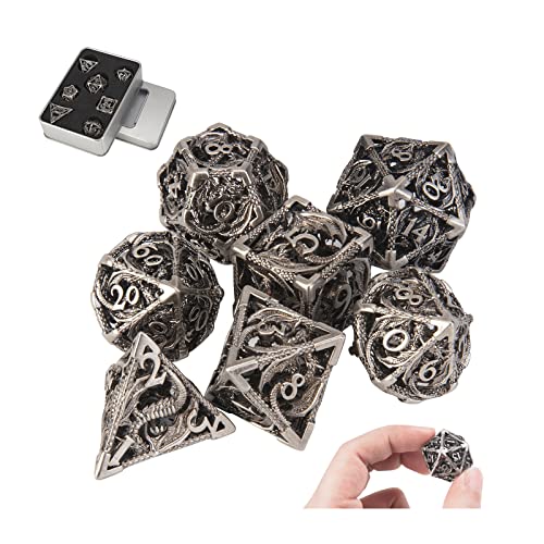 DND Dice,Hollow D&D Metal Dice,Dungeons and Dragons Dice Set with Gift Box,7 PCs Steampunk Polyhedral Dice Games Set for RPG,MTG,Pathfinder,(Dragon Ancient Silver) - color: Dragon Ancient Silver