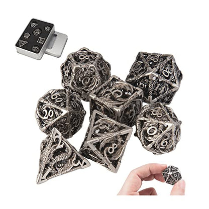 DND Dice,Hollow D&D Metal Dice,Dungeons and Dragons Dice Set with Gift Box,7 PCs Steampunk Polyhedral Dice Games Set for RPG,MTG,Pathfinder,(Dragon Ancient Silver) - color: Dragon Ancient Silver