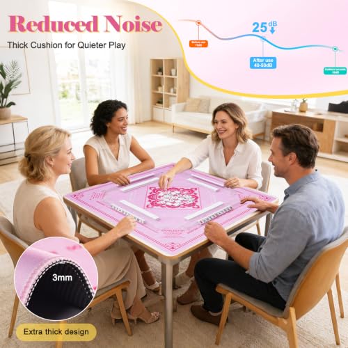 Shipped Rolled Mahjong Mat with Rules Without Creases, 3mm, 32.5" x 32.5" | Anti-Slip Rubber Base, Travel-ready with Carry Bag, Soft & Water-Repellent Surface, Noise-Reduce, for Poker & Card game - color: Pink