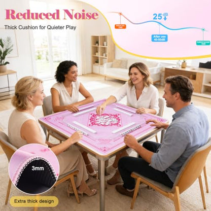 Shipped Rolled Mahjong Mat with Rules Without Creases, 3mm, 32.5" x 32.5" | Anti-Slip Rubber Base, Travel-ready with Carry Bag, Soft & Water-Repellent Surface, Noise-Reduce, for Poker & Card game - color: Pink