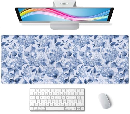 Blue Hydrangea Flowers Large Gaming Mouse Pad Keyboard Desk Pad Extended Mouse Pad Gaming Office Decor, PC Laptop Mouse Pads Large (31.5x151.8 in) with Stitched Edges Non-Slip Base Mousepad XL - color: Blue Hydrangea Flowers