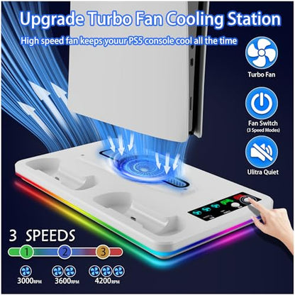 PS5/Slim/Pro Stand and Cooling Station with RGB Controller Charging Station for PlayStation 5 Console, PS5 Controller Charger, PS5 Cooling Stand, PS5/Slim/Pro Accessories Kit with 3 Level Cooler Fan - color: Line RGB-White1