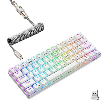 RK ROYAL KLUDGE RK61 60% Mechanical Keyboard with Coiled Cable, 2.4Ghz/Bluetooth/Wired, Wireless Bluetooth Mini Keyboard 61 Keys, RGB Hot Swappable Red Switch Gaming Keyboard with Software - White - color: White, size: Hot-swappable Red Switch