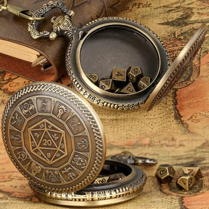 Keller & Weber Mini DND Dice Set, Center Number Dice Pocket Watch Case, 7 Piece Polyhedral Metal D&D Dice, DND Gifts with Gift Box, Role Playing Board Game Accessories, Bronze - color: Bronze